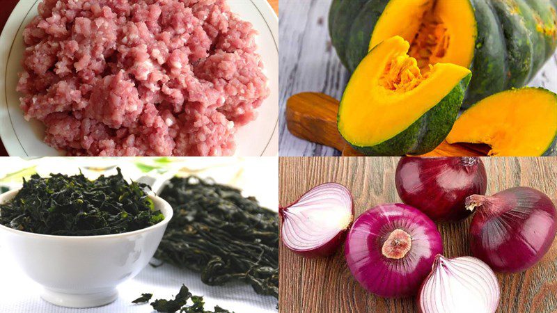 Ingredients for pumpkin soup with minced meat and seaweed