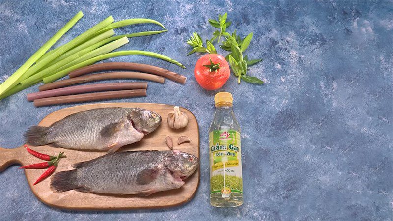 Ingredients for fish soup with water lily, mustard greens, and water mimosa