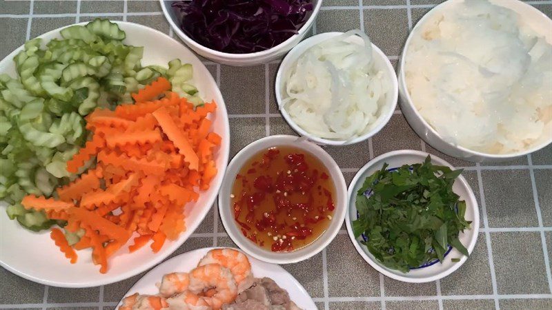 Ingredients for snow mushroom salad with shrimp and meat