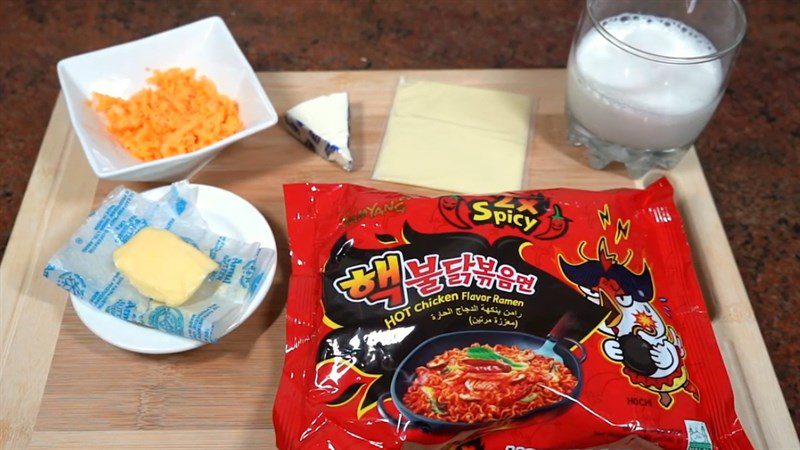 Ingredients for spicy samyang noodles with egg, spicy samyang cheese noodles, spicy samyang noodles with bacon and mixed samyang noodles