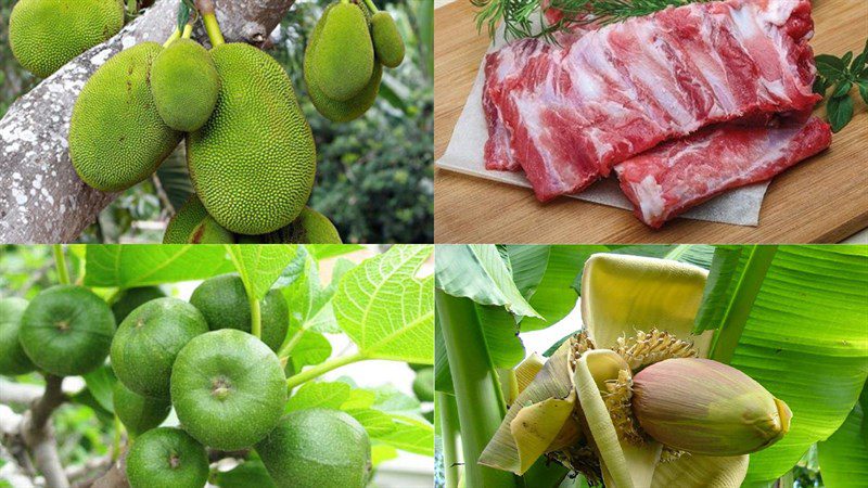 Ingredients for young jackfruit soup with turmeric, young jackfruit soup with shrimp and betel leaves, and young jackfruit soup with ribs