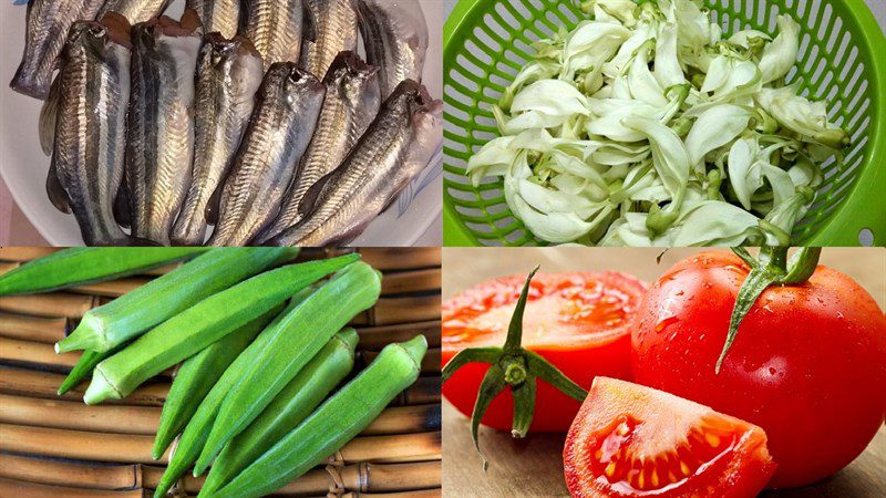 Ingredients for sour fish soup with sword bean flowers and young tamarind leaves