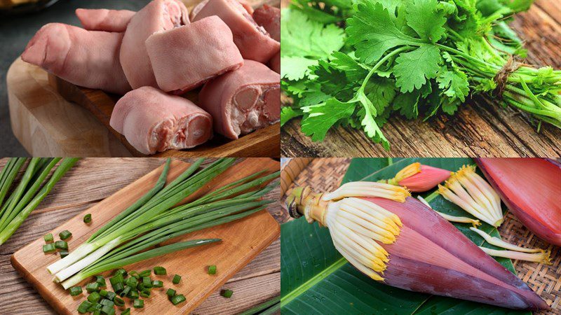 Ingredients for the dish 2 ways to make banana flower cooked with pork leg