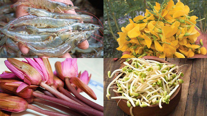 Ingredients for the dish 2 ways to make shrimp salad with water lily flowers