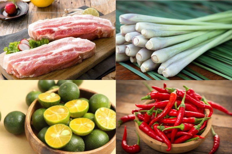 Ingredients for crispy fried pork belly with lemongrass and calamondin