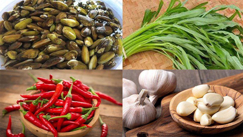 Ingredients for the dish 2 ways to make stir-fried clams with water spinach