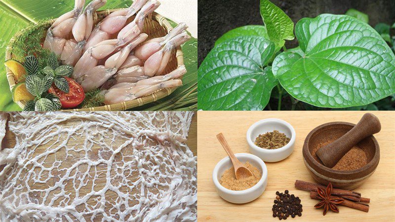 Ingredients for the dish of fish wrapped in betel leaves and frog wrapped in betel leaves