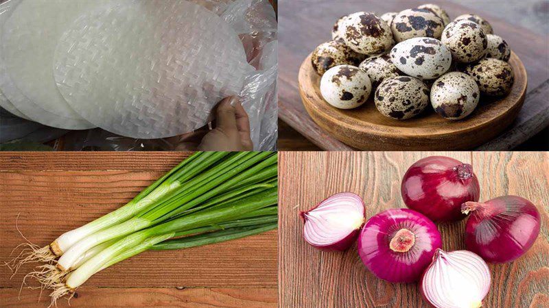 Ingredients for grilled rice paper with quail eggs and scallions