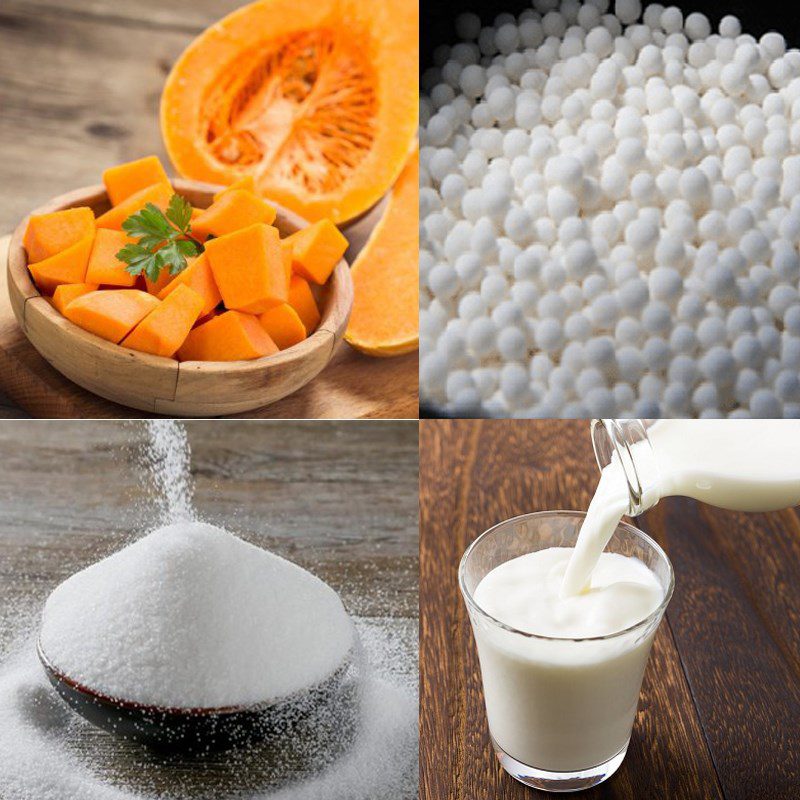 Ingredients for pumpkin dessert with fresh milk and tapioca pearls