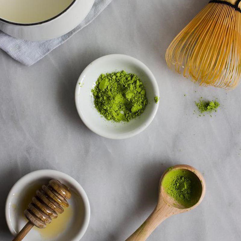 Ingredients for matcha latte with green tea jelly