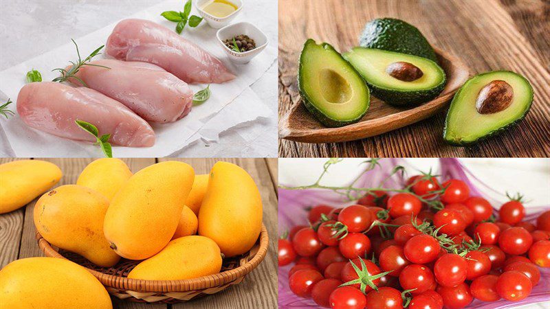 Ingredients for grilled chicken salad with avocado and mango