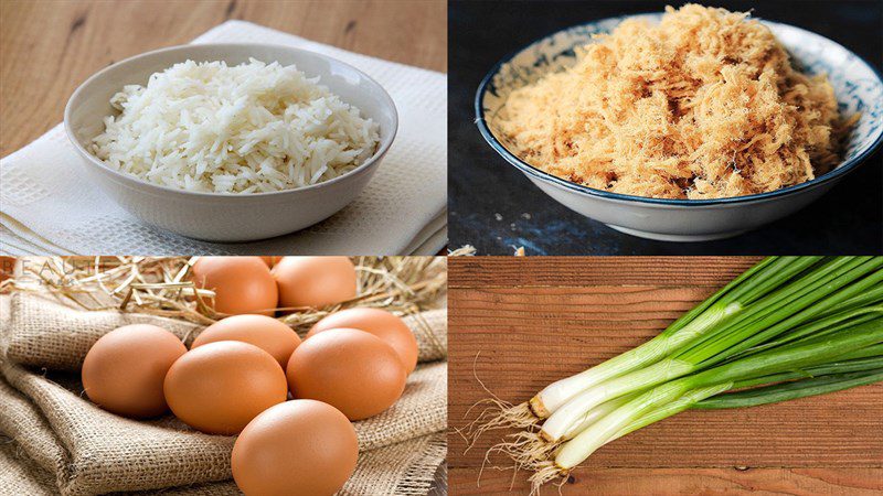 Ingredients for crispy rice with pork floss and onion oil