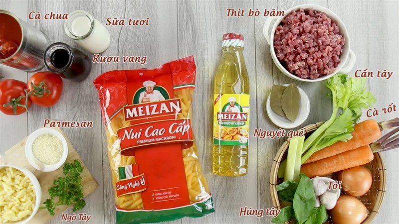 Ingredients for baked macaroni with beef sauce