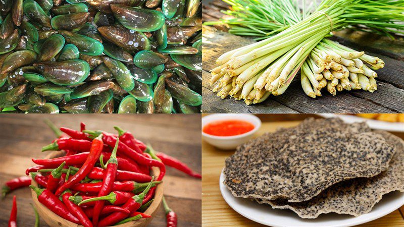 Ingredients for the dish of 2 ways to make stir-fried mussels with lemongrass and chili and stir-fried with butter and garlic