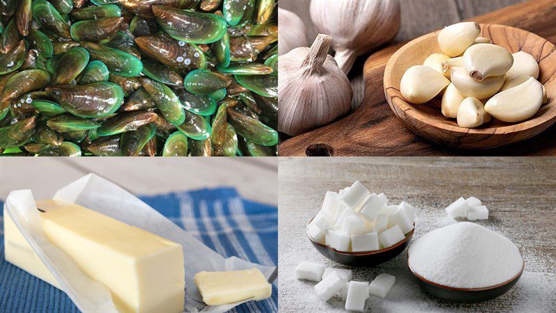 Ingredients for 2 recipes of stir-fried mussels with lemongrass and chili and stir-fried with butter and garlic