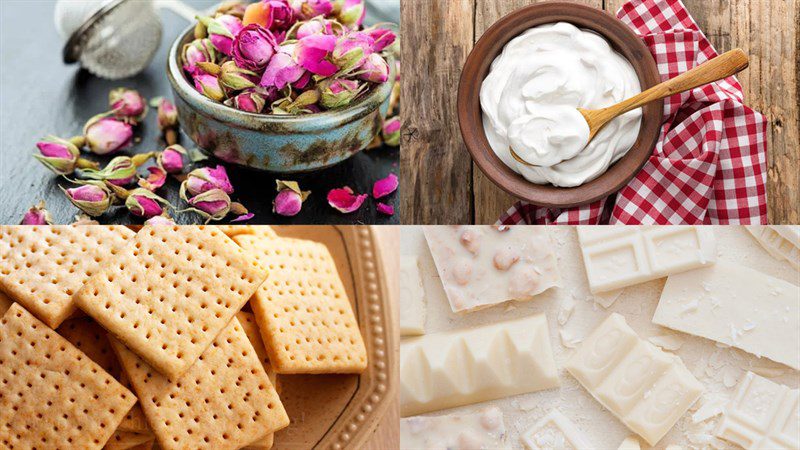 Ingredients for the white chocolate mousse cake with rose jelly