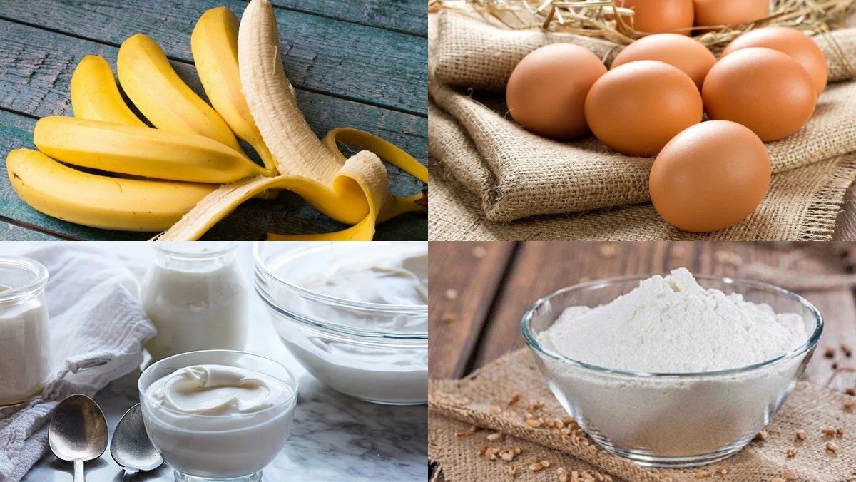 Ingredients for banana sponge cake baked in the oven