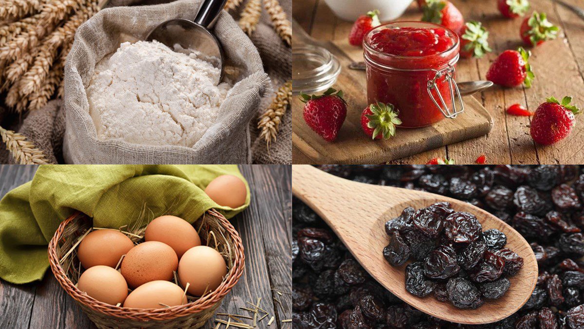 Ingredients for the dish of sponge cake rolled with raisins