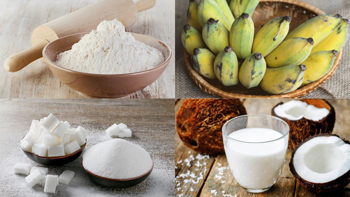 Ingredients for steamed banana cake with coconut milk using rice cooker, steamed banana cake with coconut milk using steamer, steamed banana cake with coconut milk using tapioca flour