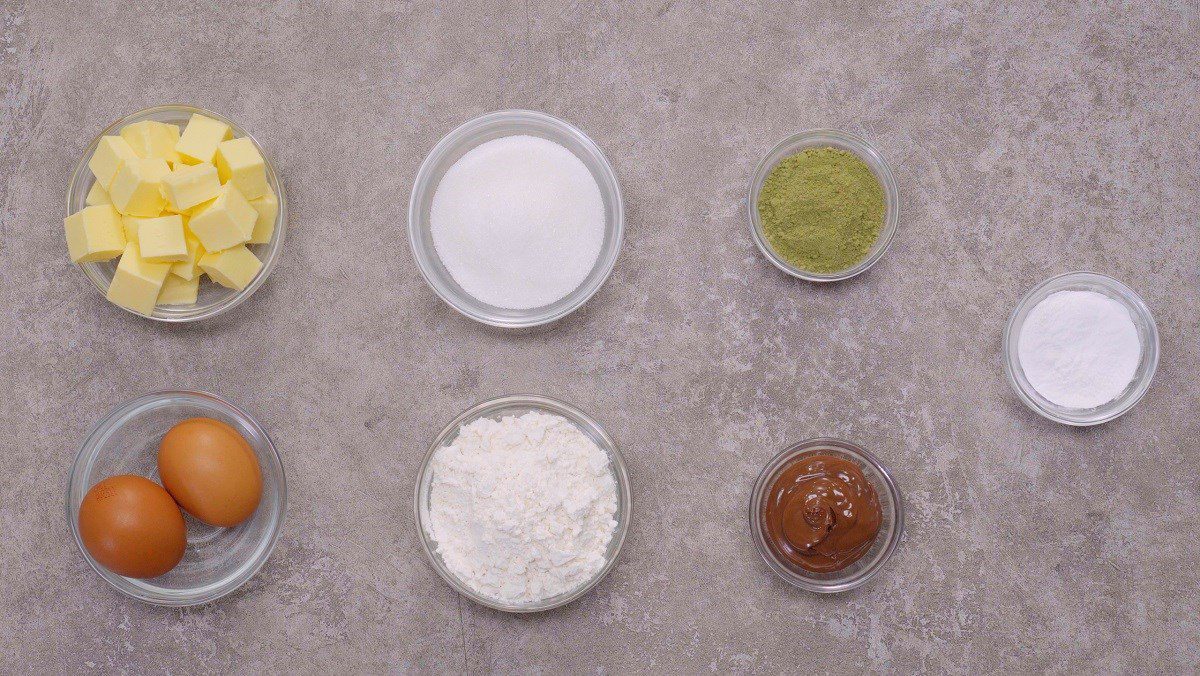 Ingredients for matcha cookie with chocolate filling