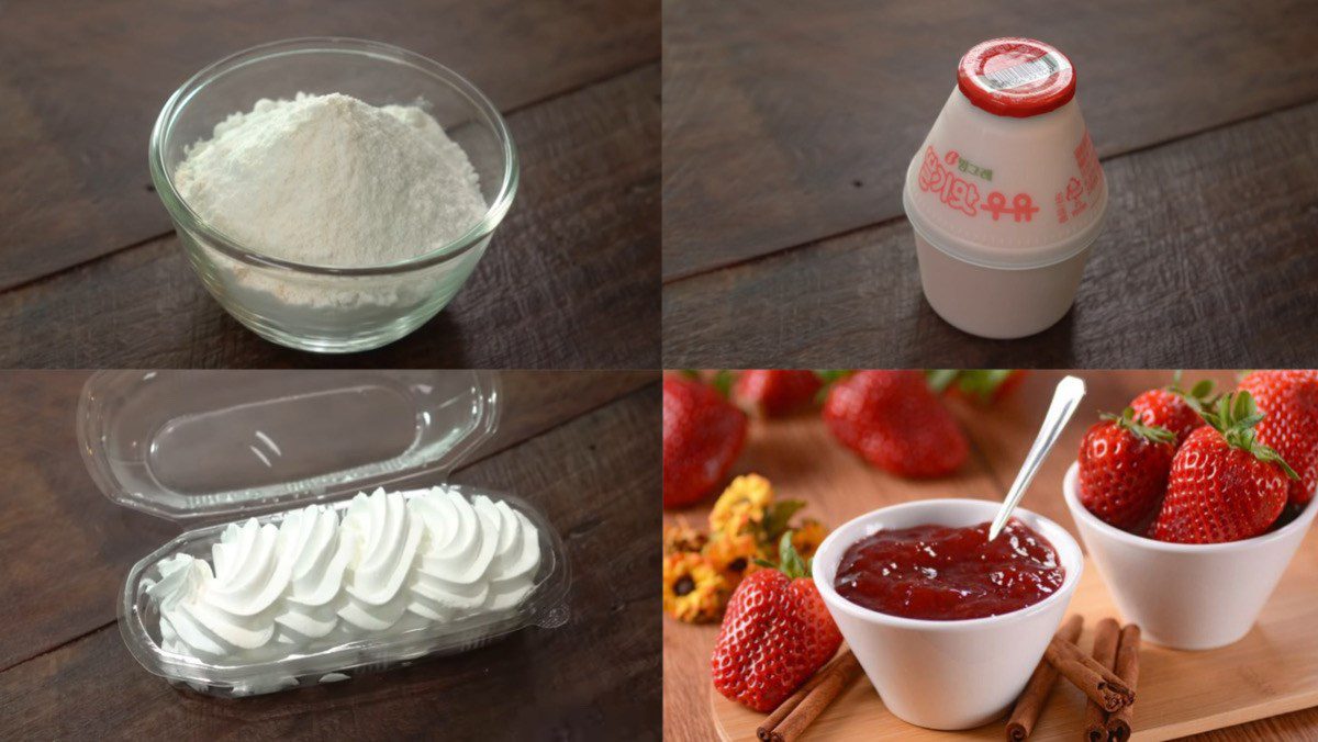 Ingredients for Korean sticky rice cake with strawberry yogurt cream filling