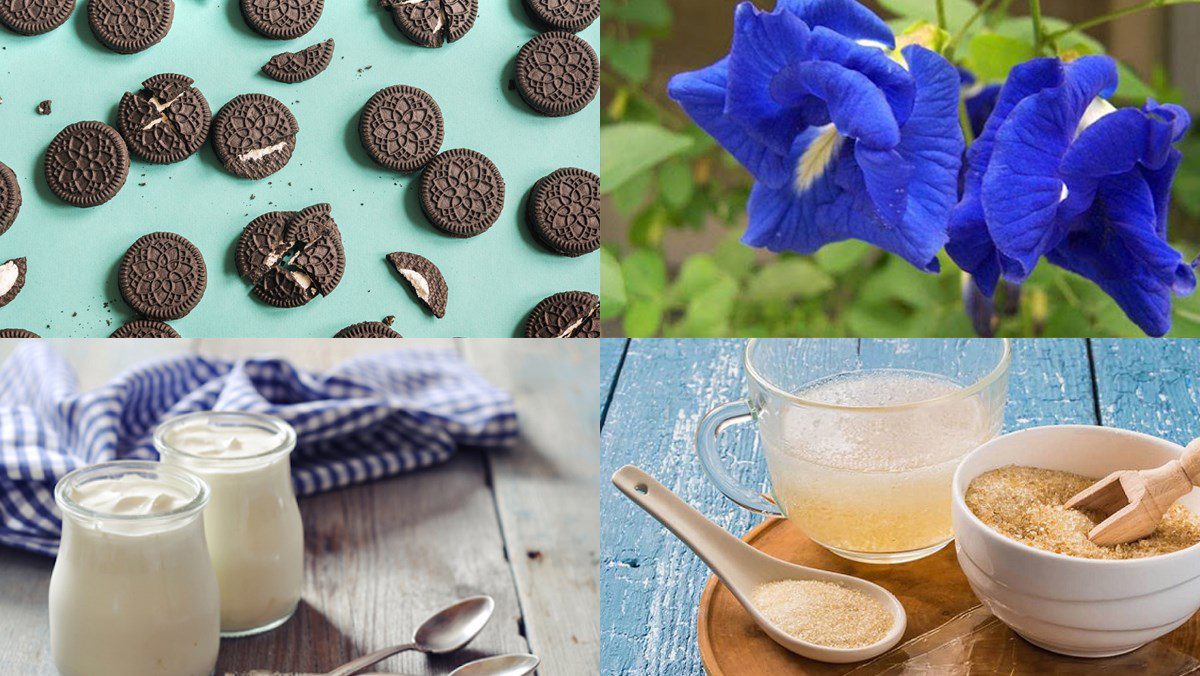 Ingredients for blue butterfly pea mousse cake