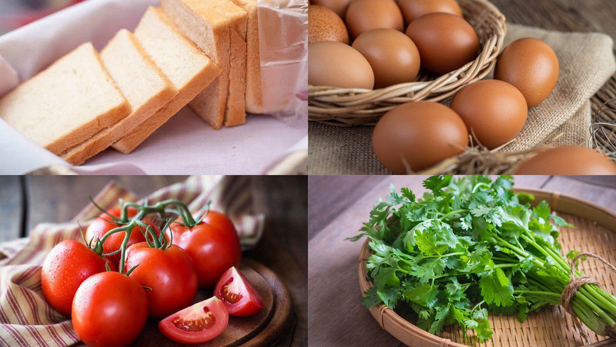 Ingredients for chicken vegetable sandwich, egg sandwich, sweet sponge cake