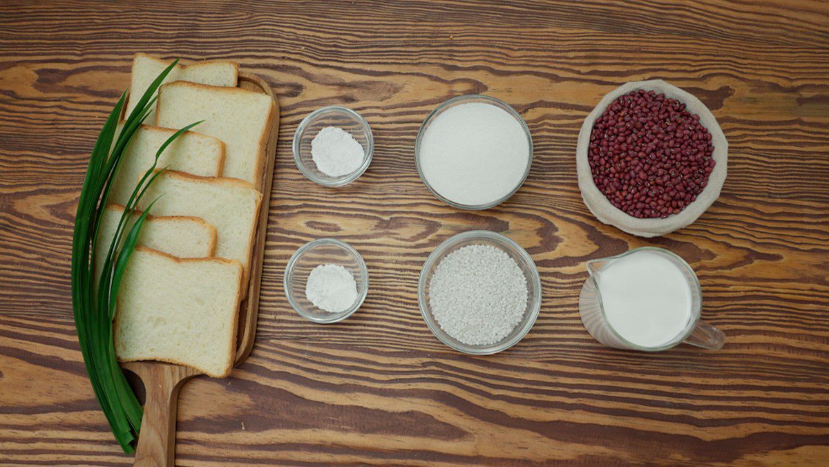 Ingredients for red bean tart cake with tapioca flour and pandan leaves