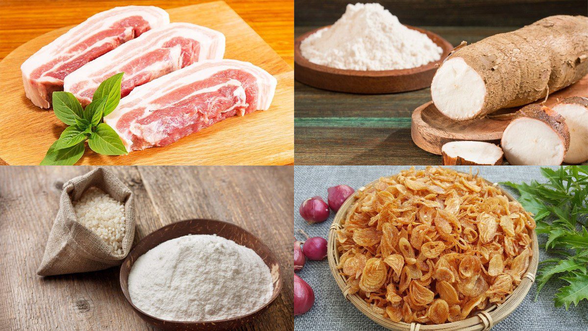 Ingredients for the dish of wet cake with roasted pork using an air fryer