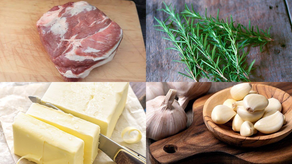 Ingredients for herb pork steak and pork steak with mashed potatoes