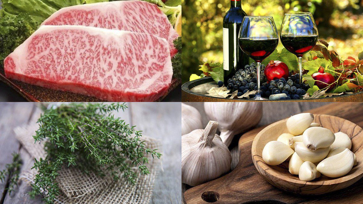 Ingredients for beef steak with red wine sauce