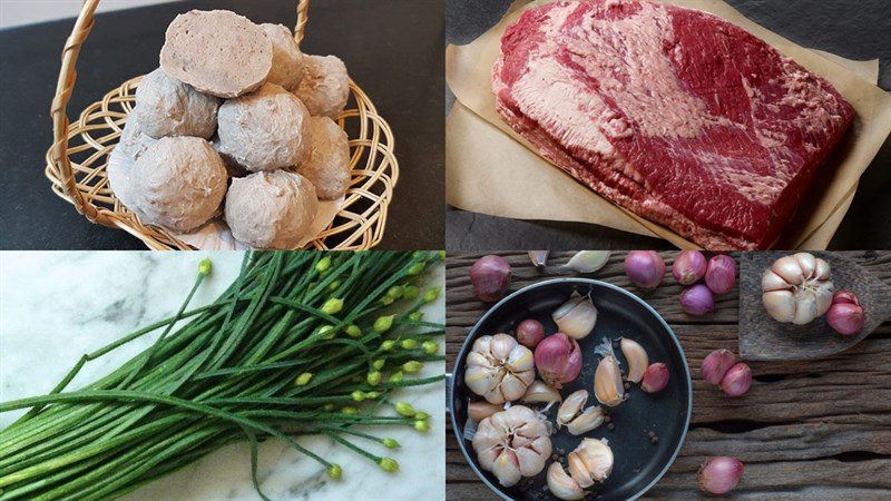 Ingredients for the dish 2 recipes for stir-fried beef balls with lemongrass and chili and stir-fried garlic chives