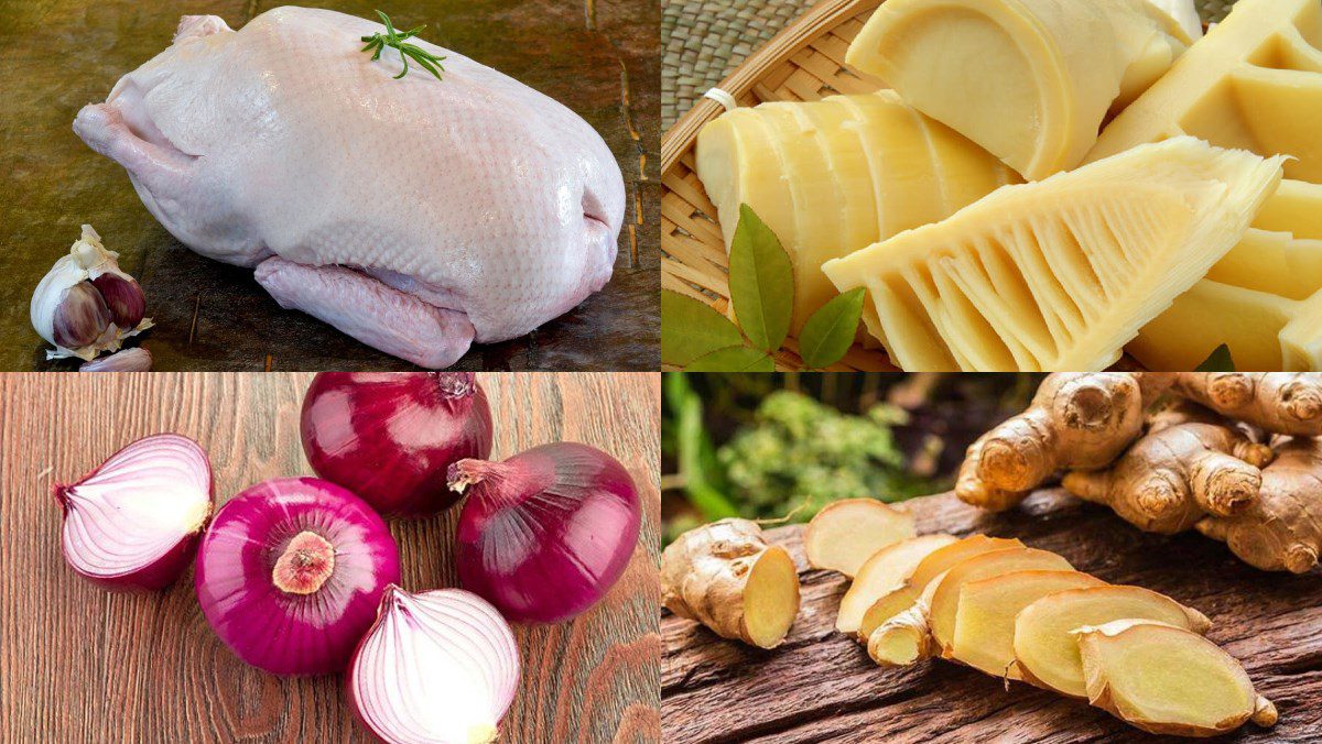 Ingredients for duck bamboo shoot noodle dish using an electric rice cooker