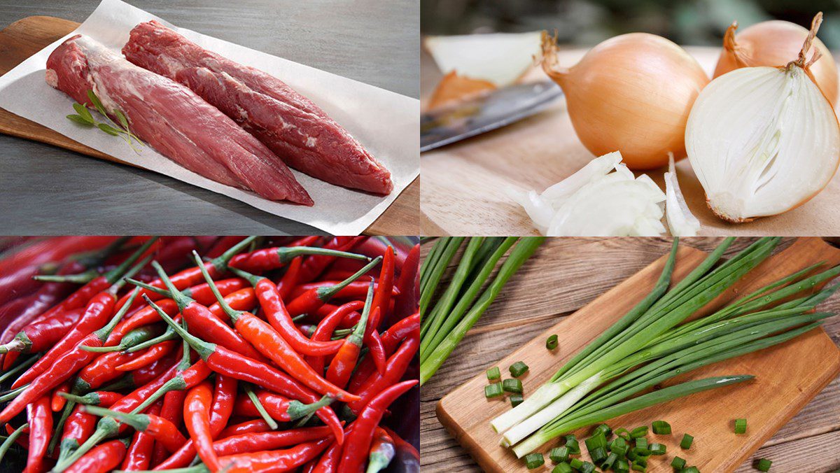 Ingredients for stir-fried noodles with lemongrass and chili, stir-fried noodles with pork and onion, five-spice stir-fried noodles