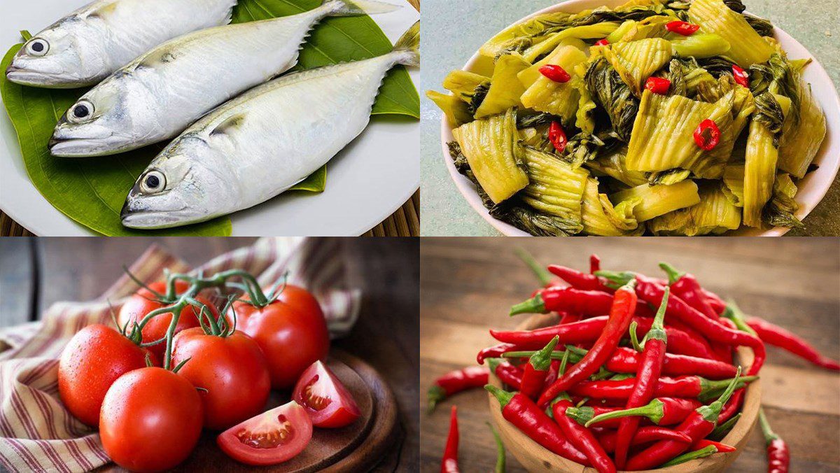 Ingredients for the dish of mackerel cooked with pickled vegetables