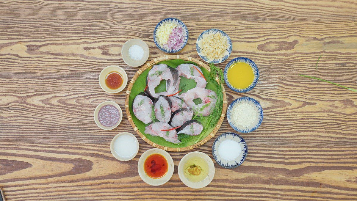 Ingredients for grilled catfish with fermented rice, chili salt, and turmeric