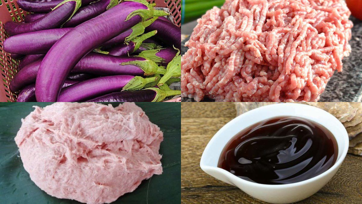 Ingredients for stuffed eggplant with grilled meat and Thai sauce using an air fryer