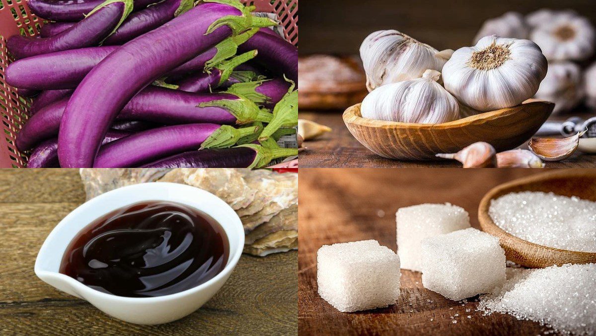 Ingredients for stir-fried eggplant with garlic, stir-fried eggplant with minced meat, stir-fried eggplant with beef, and stir-fried eggplant with shrimp