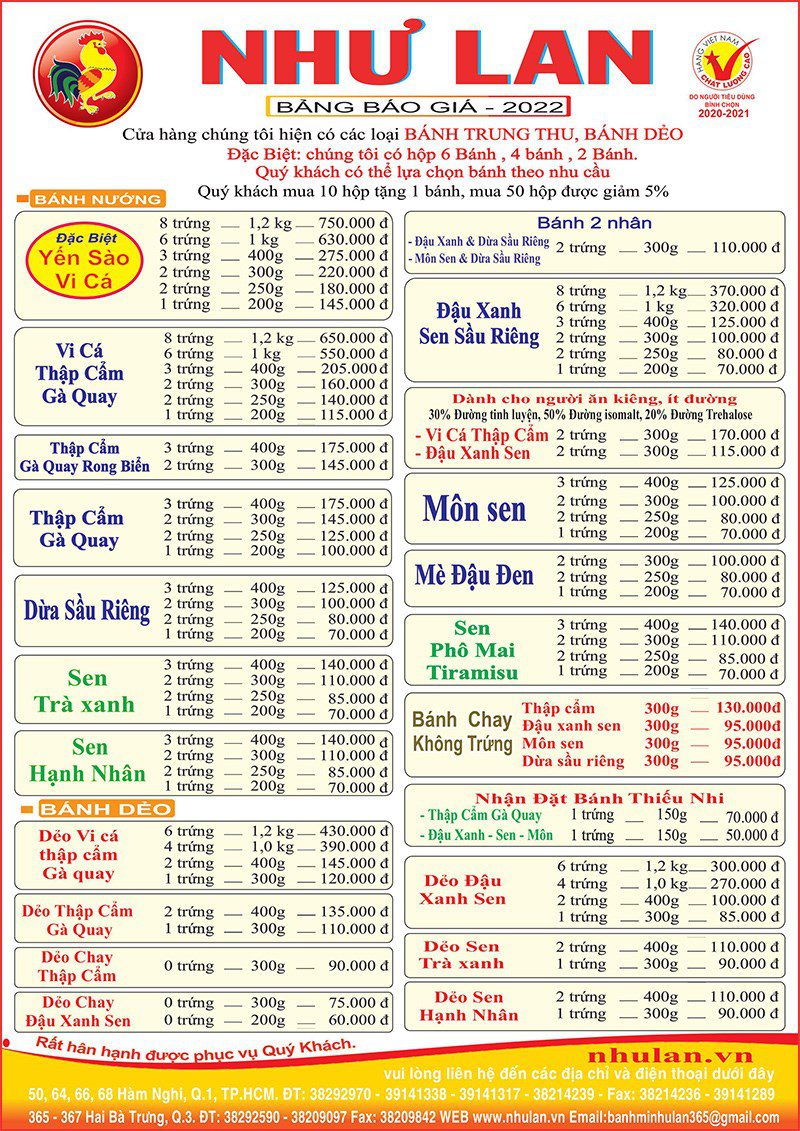 Như Lan Mooncake Price List 2022