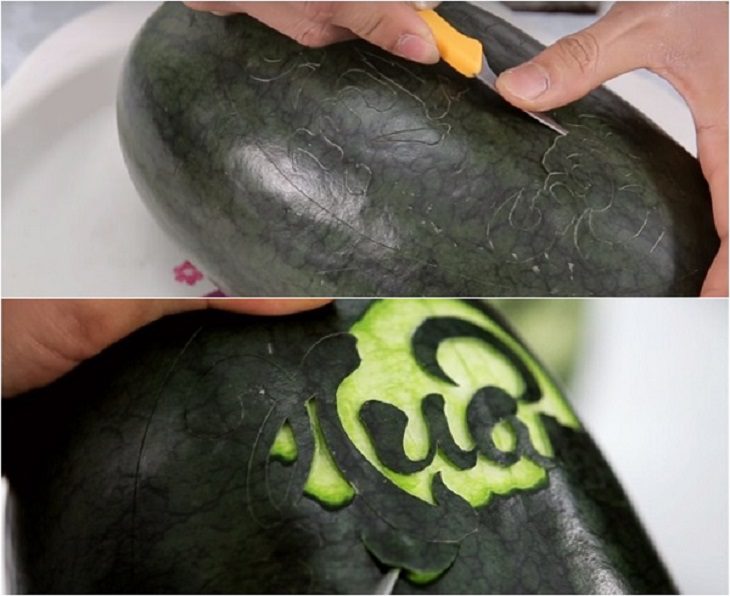 Using a sharp knife to remove the excess watermelon skin