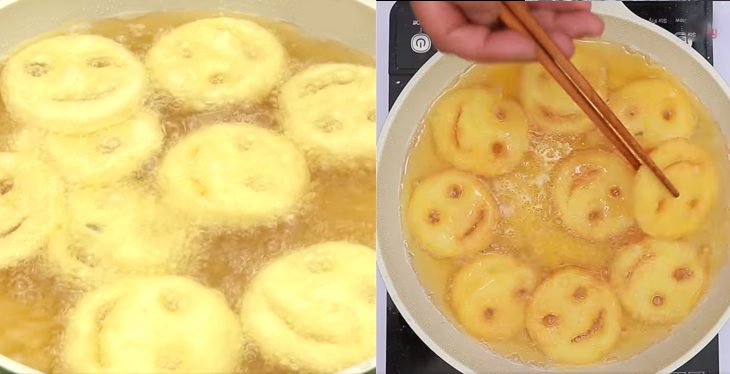 Step 3 Shaping the smiling face and frying the cake Smiling face potato cake