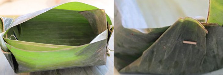 Step 1 Making banana leaf mold for steamed cake