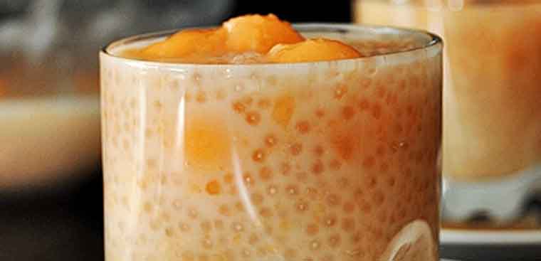 Step 4 Final Product Cantaloupe dessert with coconut milk and tapioca pearls