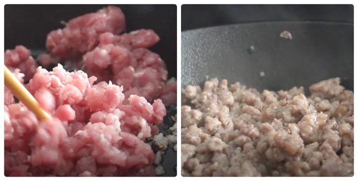 Step 6 Stir-fry minced meat for Thai-style butterfly pea flower noodles