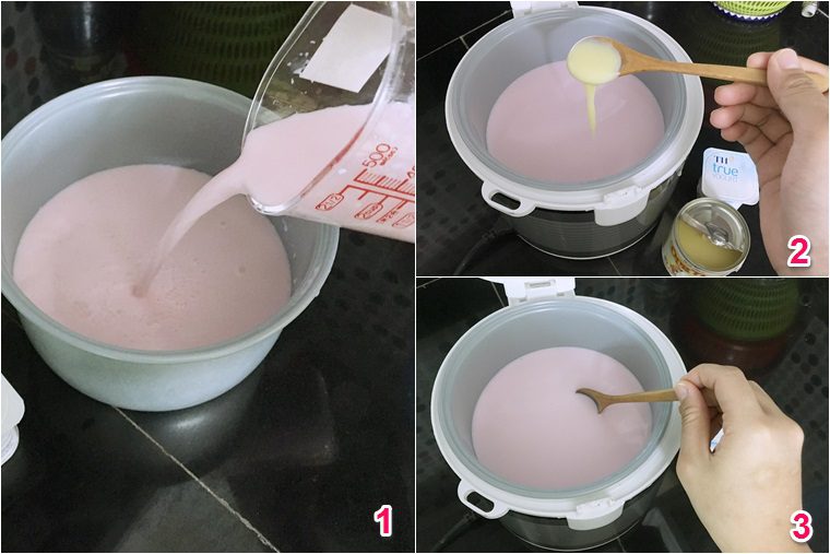 Step 1 Pour milk, hot water, and condensed milk into the Yogurt Drink pot