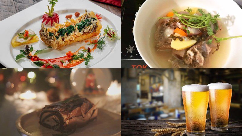 Beef cooked with green pepper, green mango salad with dried shrimp, deep-fried tilapia, beef hot pot with sour tamarind, yule log cake, soda/beer