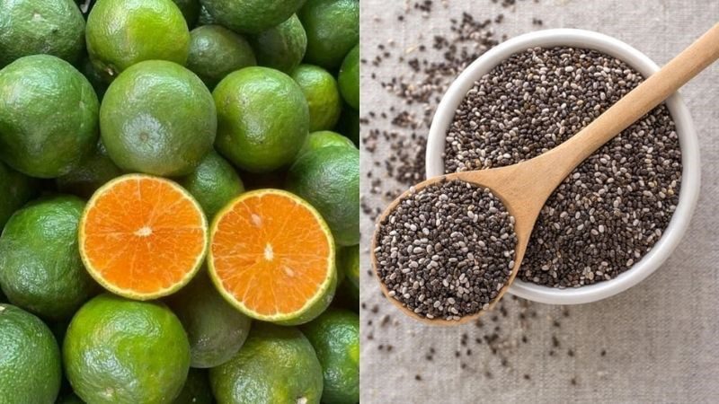 Ingredients for squeezed orange dish, squeezed orange with chia seeds, squeezed orange with butterfly pea flowers