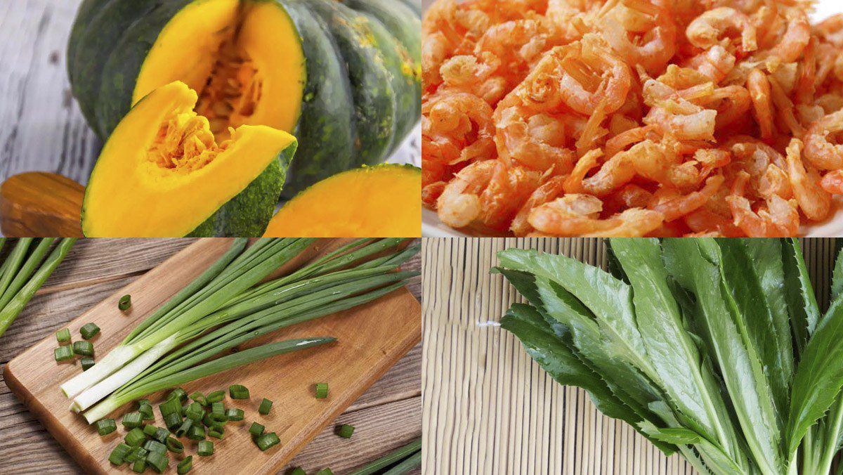 Ingredients for fresh shrimp pumpkin soup, dried shrimp pumpkin soup