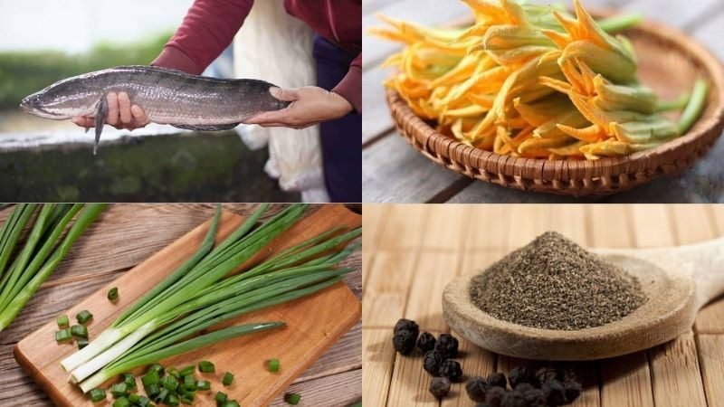 Ingredients for the dish of squash flower soup cooked with snakehead fish