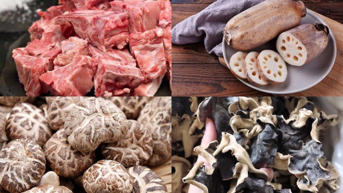 Ingredients for lotus root soup with pork bones